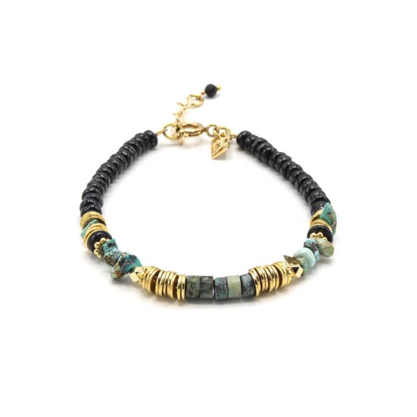 Photo de  Bracelet Heishi Billie - Doré Or Pierres Turquoise et Onyx Noir