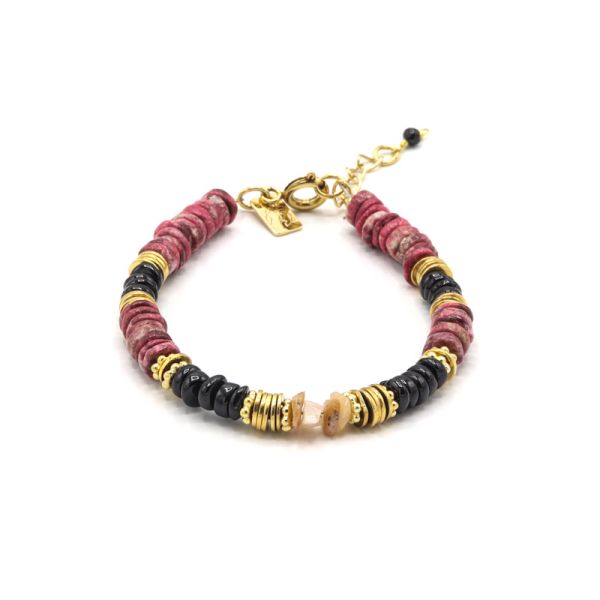 Photo de  Bracelet Heishi Christelle - Doré Or Pierres Rhodonite, Onyx Noir et Opale Rose