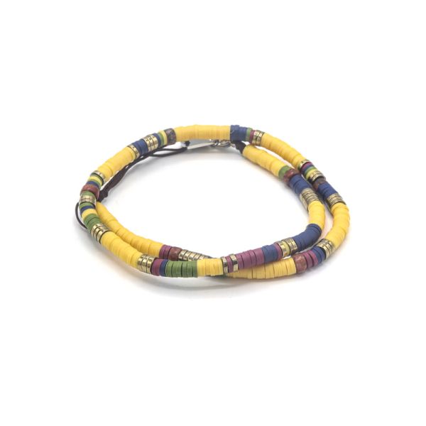 Photo de  Bracelet Deux Tours Rondelles Polymères - Acier Doré Jaune et Bleu