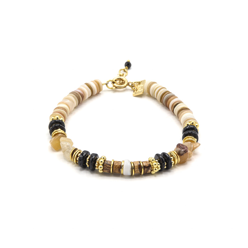 Photo du produit  Bracelet Heishi Emilie - Doré Or Pierres Aventurine Jaune, Onyx Noir et Nacre